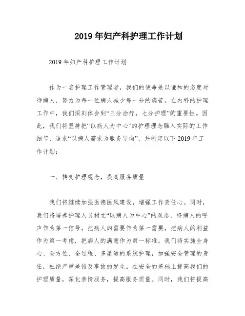 2019年妇产科护理工作计划