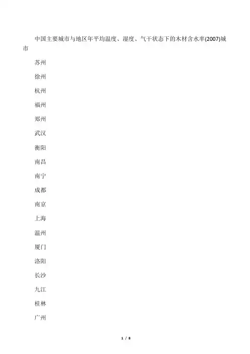中国主要城市年平均温度、湿度、木材含水率