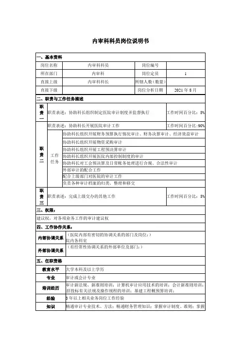 内审科科员岗位说明书