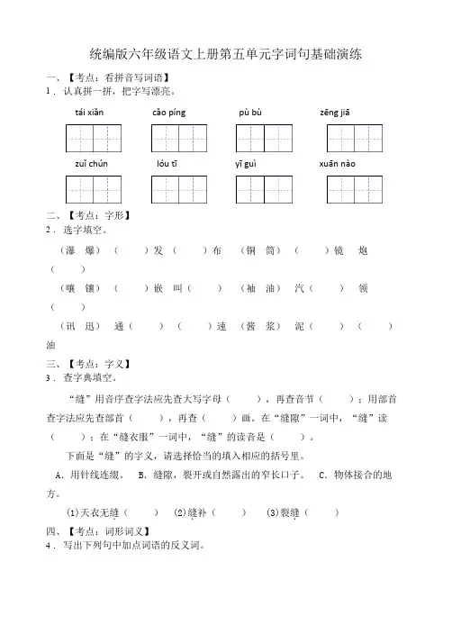 第五单元字词句基础演练(试题)-统编版语文六年级上册