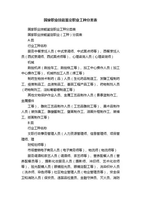 国家职业技能鉴定职业工种分类表