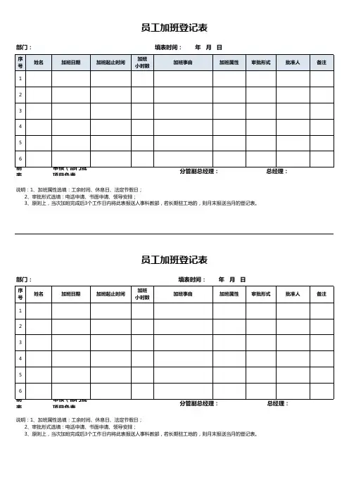 值班加班登记表