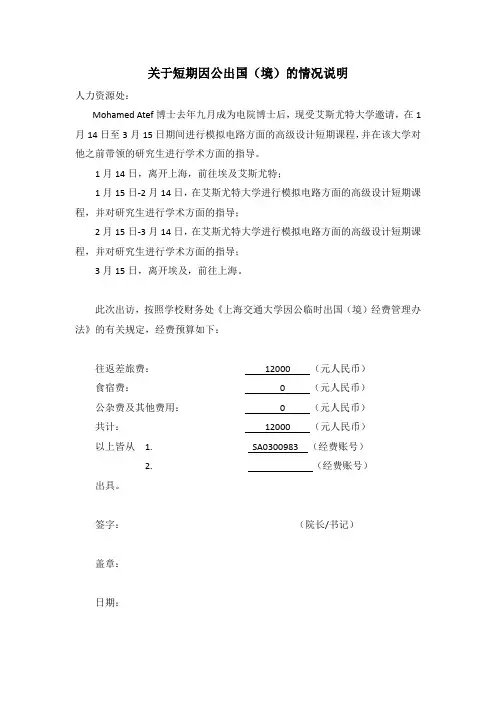关于短期因公出国(境)的情况说明