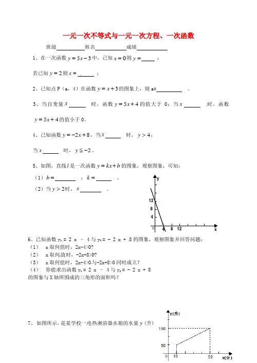 2013年八年级数学下册 7.7 一元一次不等式与一元一次方程、一次函数同步练习(无答案) 苏科版