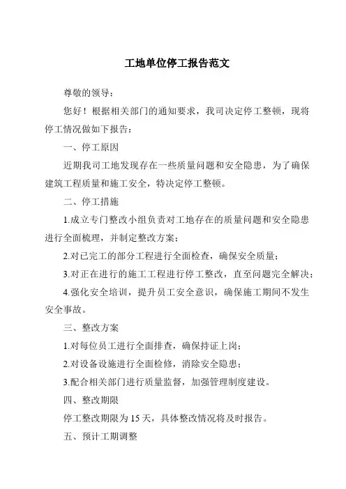 工地单位停工报告范文