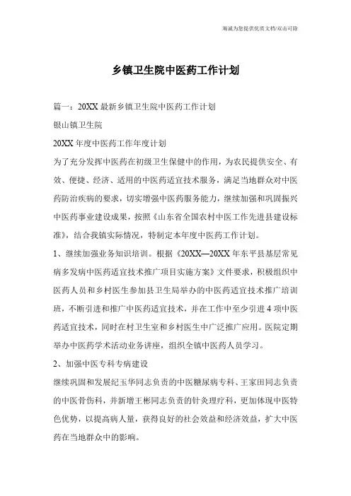 乡镇卫生院中医药工作计划