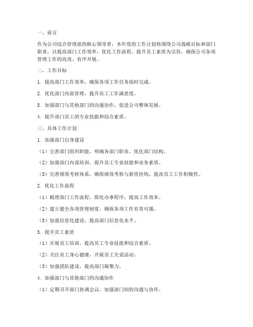 综合管理部经理工作计划