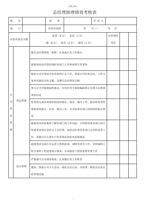 总经理助理绩效考核表
