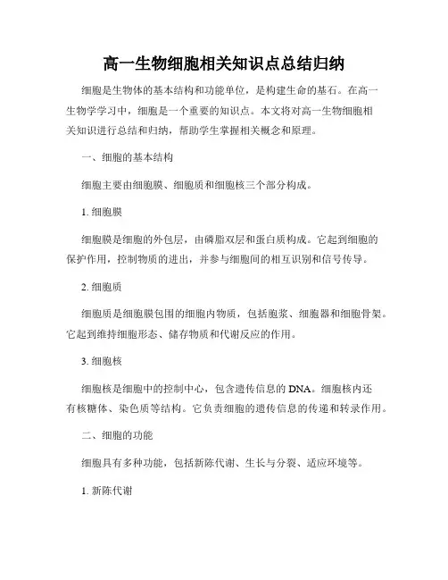 高一生物细胞相关知识点总结归纳