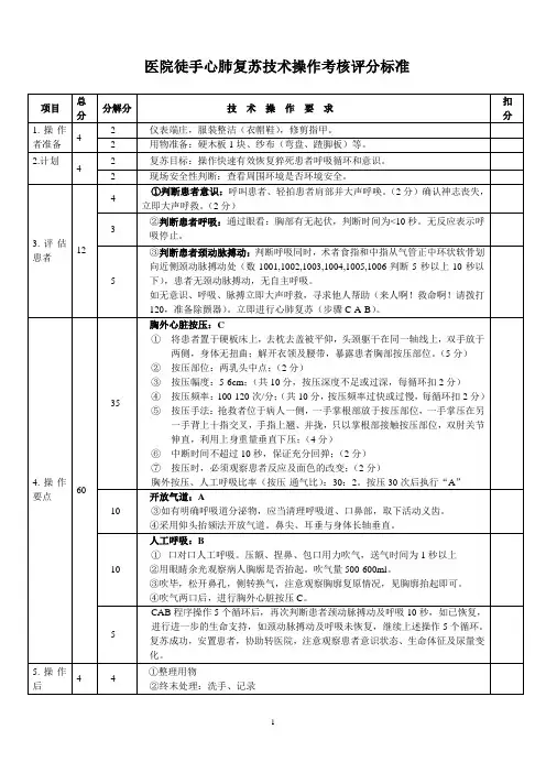 徒手心肺复苏技术操作考核评分标准(