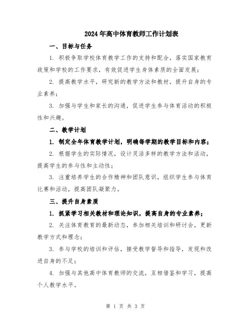 2024年高中体育教师工作计划表