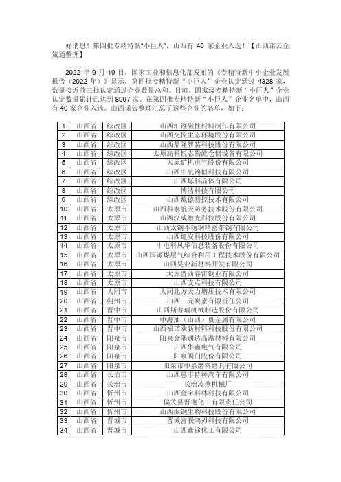 第四批专精特新小巨人企业中,40家山西企业入选 
