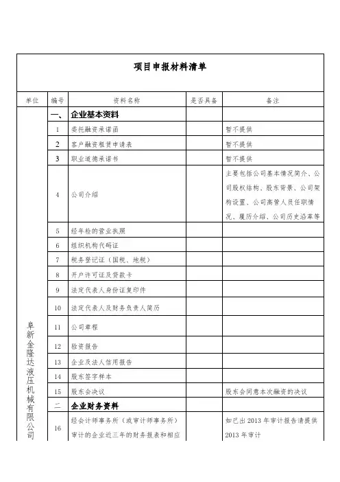 公司 融资租赁清单