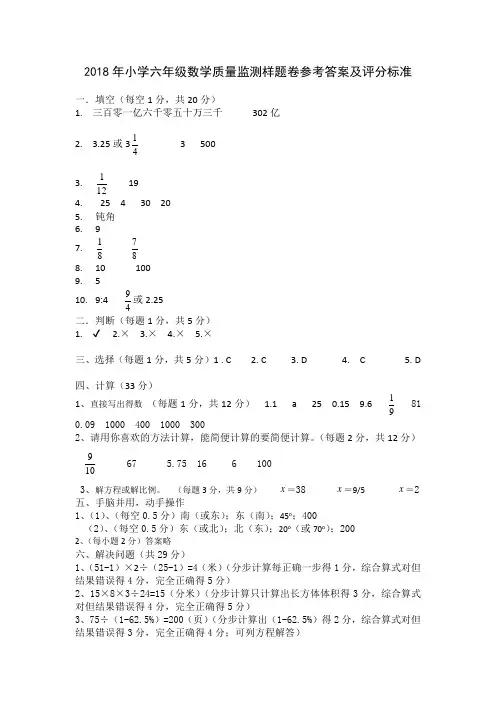 2018年小学六年级数学质量监测样题卷参考答案评分标准