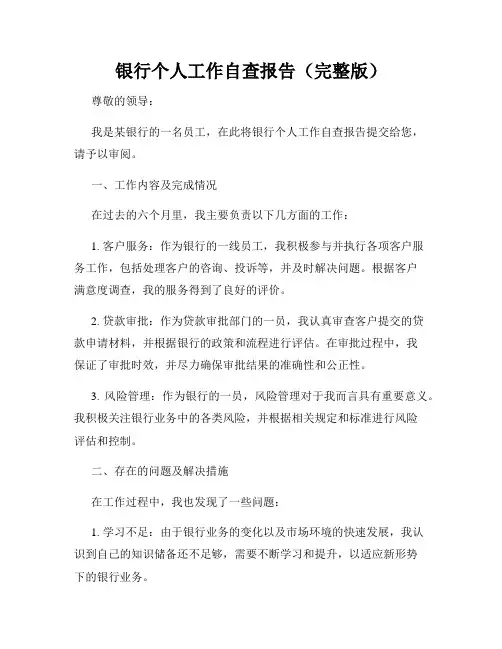 银行个人工作自查报告(完整版)