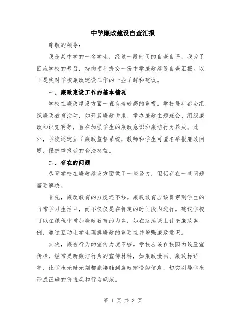 中学廉政建设自查汇报