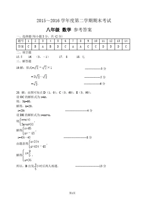 八年级(下)期末数学参考答案2016.6