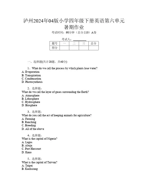 泸州2024年04版小学四年级下册第9次英语第六单元暑期作业