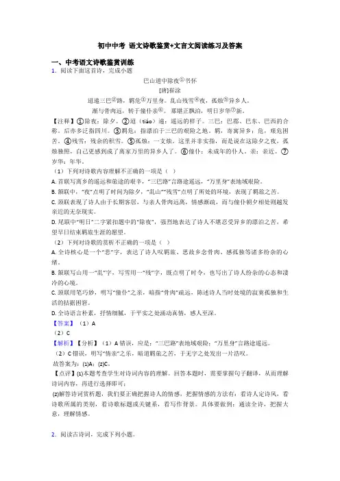 初中中考 语文诗歌鉴赏+文言文阅读练习及答案
