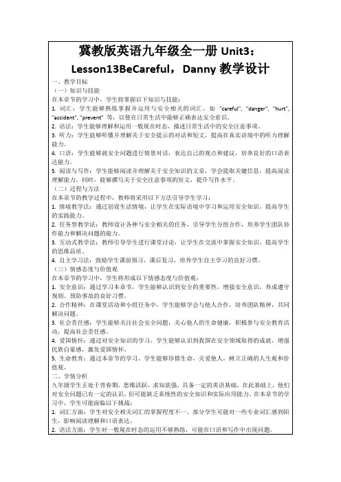 冀教版英语九年级全一册Unit3：Lesson13BeCareful,Danny教学设计