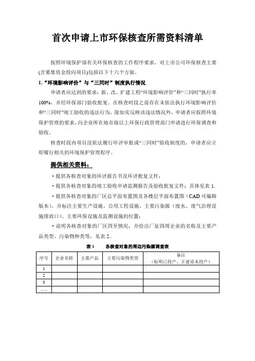 首次申请上市环保核查所需资料清单