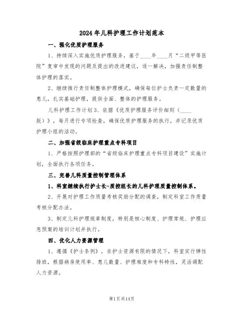 2024年儿科护理工作计划范本（五篇）