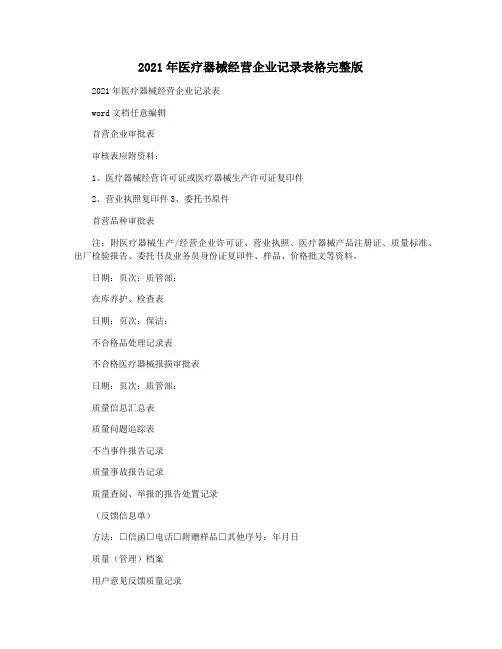 2021年医疗器械经营企业记录表格完整版