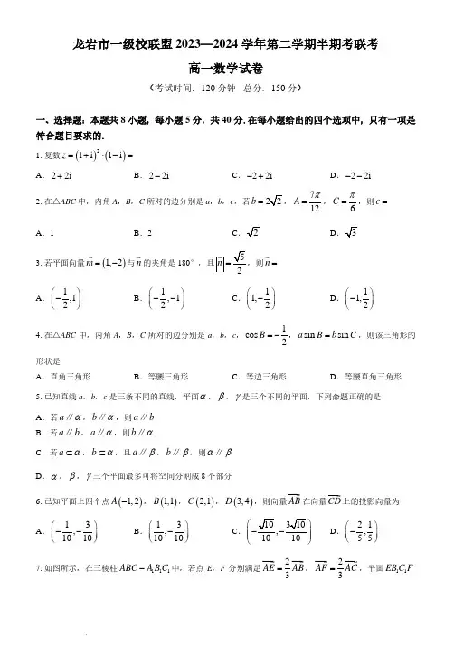 福建龙岩市一级校联盟2024年高一4月期中联考数学试题+答案