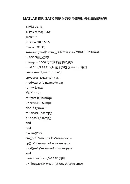 MATLAB模拟2ASK调制误码率与信噪比关系曲线的程序