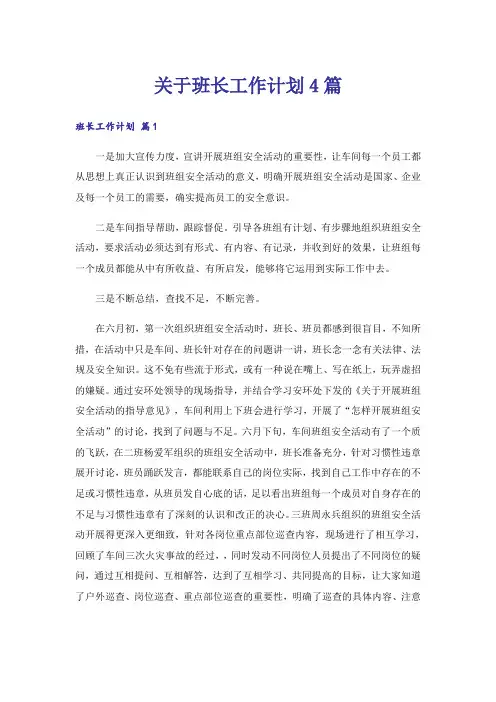 关于班长工作计划4篇
