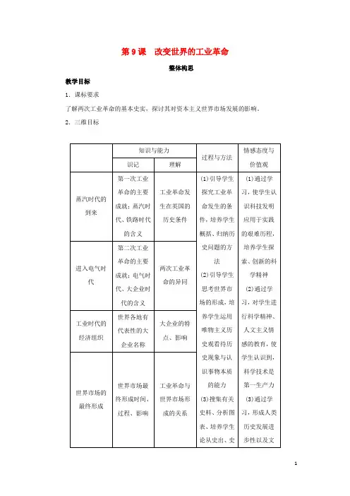 高中历史 第9课 改变世界的工业革命教案 岳麓版必修2