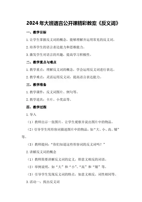 2024年大班语言公开课精彩教案《反义词》
