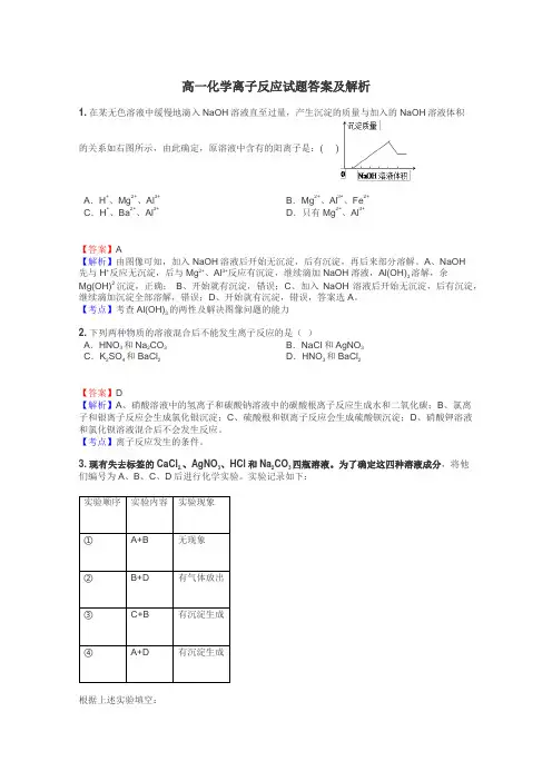 高一化学离子反应试题答案及解析

