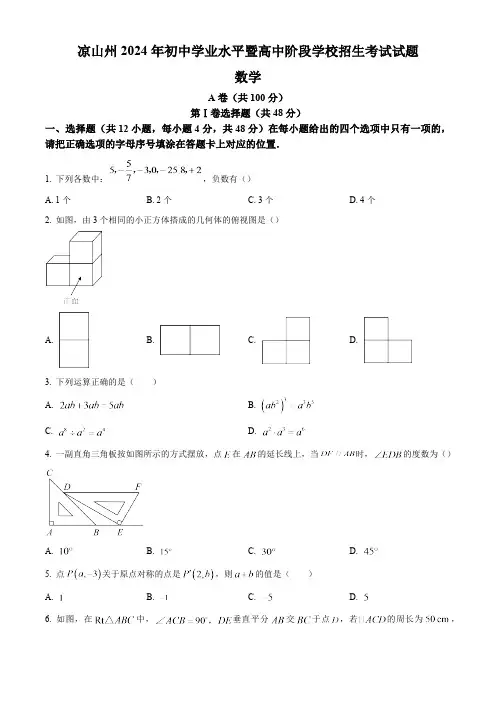 2024年四川省凉山州中考数学真题试卷及答案解析