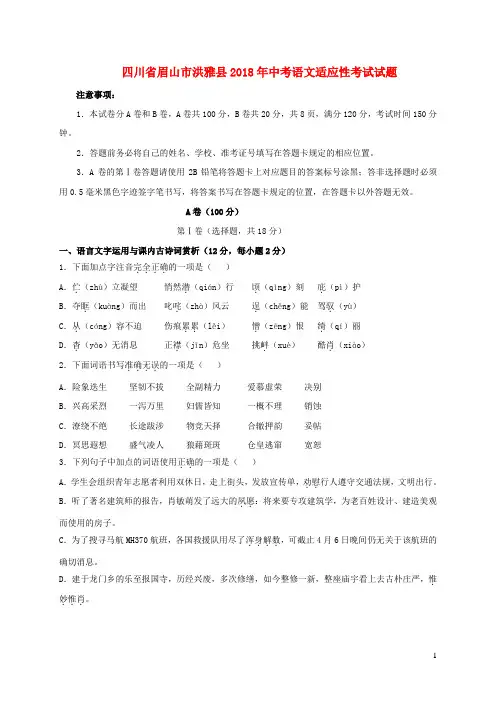 四川省眉山市洪雅县2018年中考语文适应性考试试题