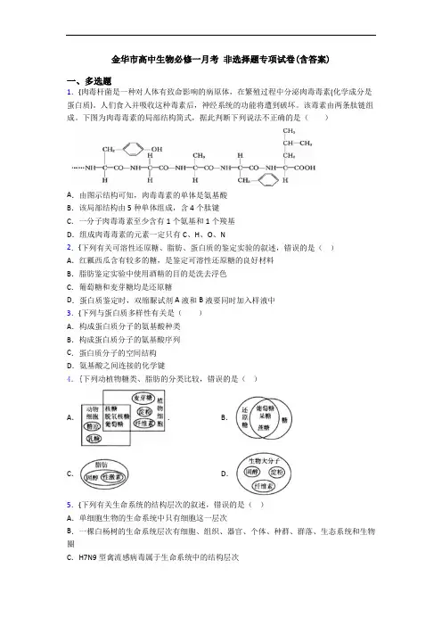 金华市高中生物必修一月考 非选择题专项试卷(含答案)