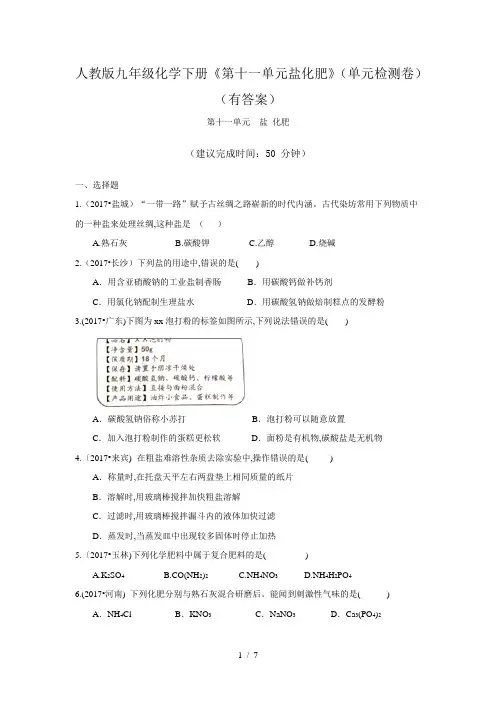 人教版九年级化学下册《第十一单元盐化肥》(单元检测卷)(有答案)