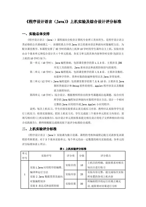 2008级《程序设计语言(Java)》上机实验及综合设计评分标准