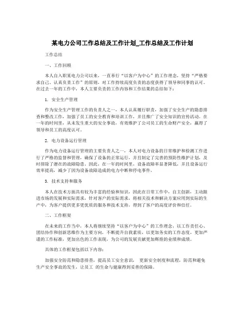 某电力公司工作总结及工作计划_工作总结及工作计划