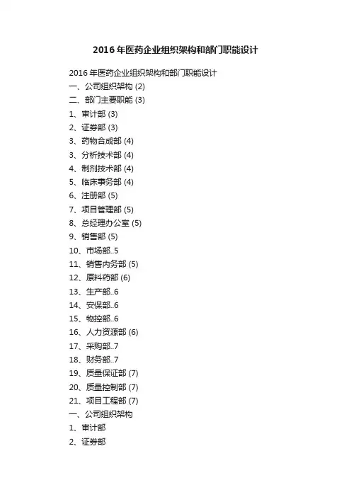 2016年医药企业组织架构和部门职能设计
