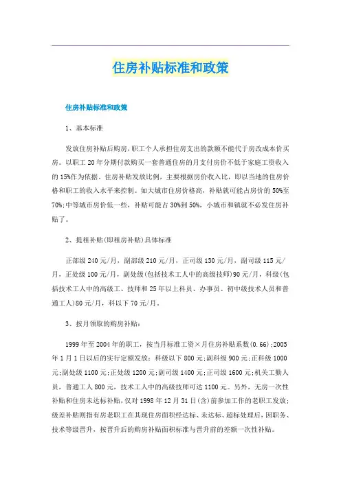 住房补贴标准和政策
