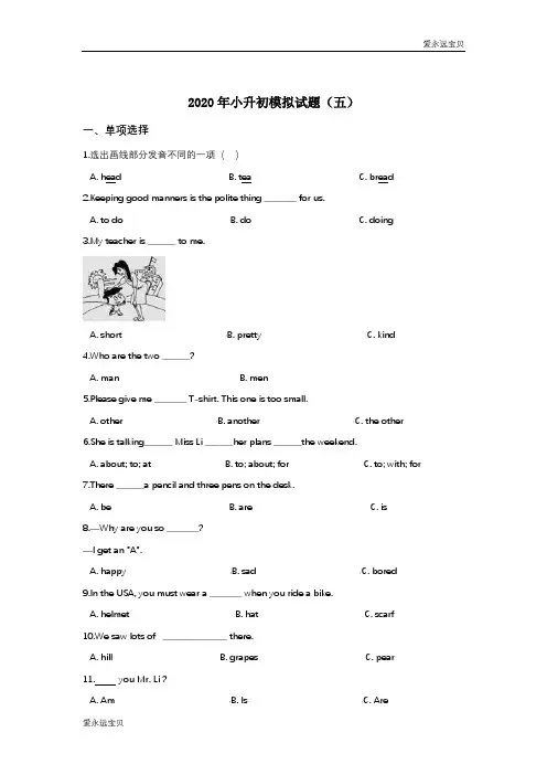 2020年小升初英语模拟试题(五)(译林版含答案)