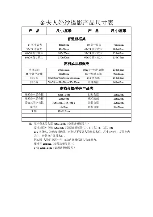 产品尺寸表