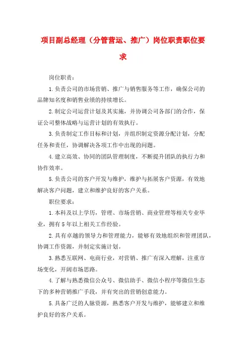 项目副总经理(分管营运、推广)岗位职责职位要求