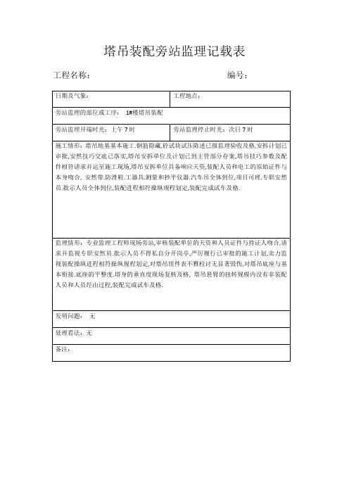 塔吊安装旁站监理记录表