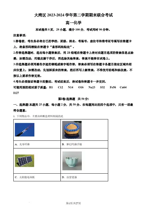 广东省大湾区2023-2024学年高一下学期期末联合考试化学试题(解析版)