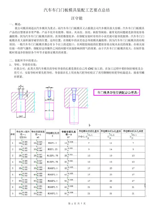 汽车车门门板模具的装配工艺总结