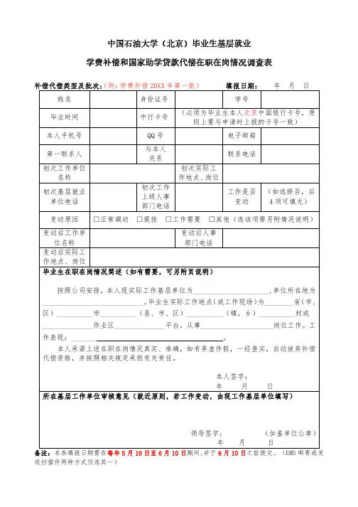 中国石油大学北京毕业生基层就业学费补偿和国家助学贷款代偿在职
