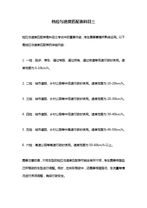 档位与速度匹配表科目三