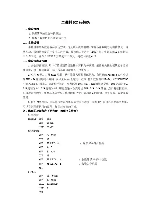 单片机二进制BCD码转换实验程序流程图